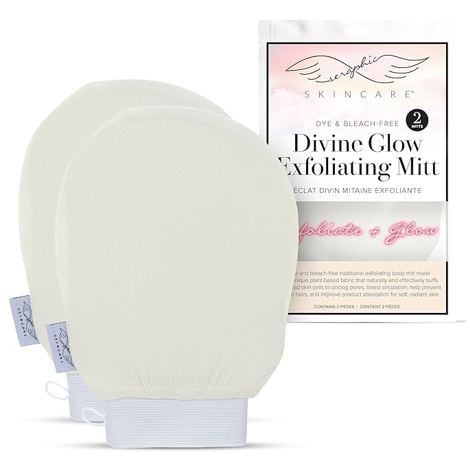 Seraphic Skincare Divine Glow Exfoliating Mitt (2pcs) – 100% Vegan Viscose Traditional Body Scrub Glove Kessa Korean Washcloth – Body Exfoliator for Self-Tan Removal & Keratosis Pilaris
