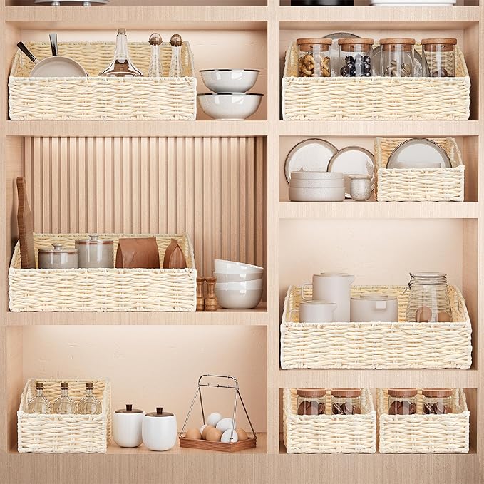 Ollieroo Rattan Storage Baskets, Handwoven Wicker Storage Bins with Built-in Handles, Storage Container Baskets for Shelves, Bedroom, Bathroom, Laundry Room or Kitchen(Beige)