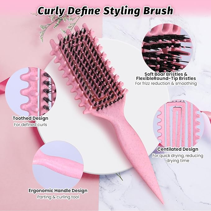 Curly Hair Brush Pink, Vented Curl Defining Brush for Effortlessly Detangling Shaping and Styling Women's Men's Curls on All Wet or Dry Hair Types, Reduces Frizz
