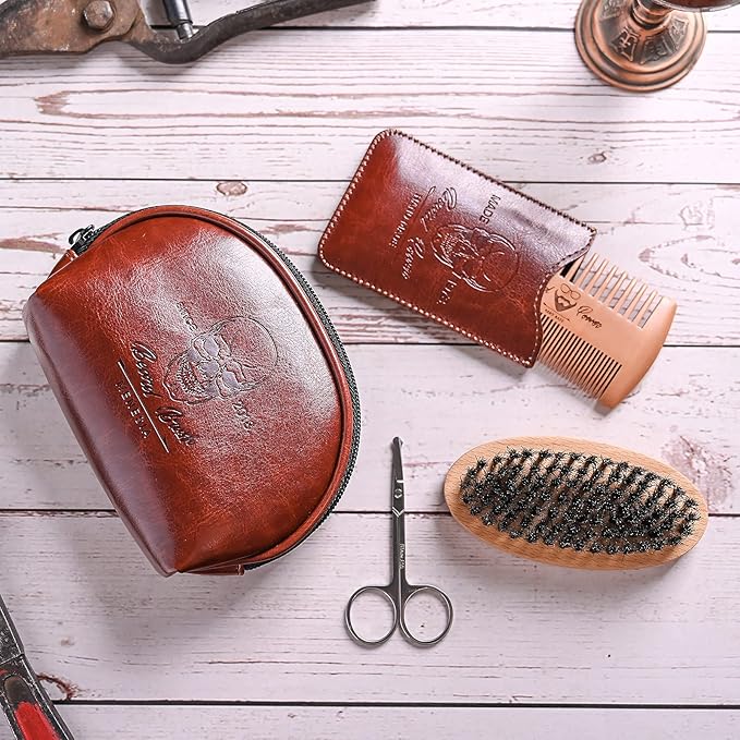 Beard Brush and Comb Set, Boar Bristle Hair Beard Brush Kit with Small Leather Travel Toiletry Bag Case for Men, Include Men's Wooden Mustache Comb & Nose Hair Scissors