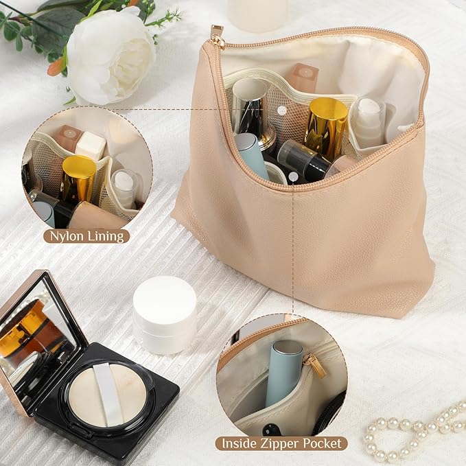 Kigeli PU Leather Makeup Bag for Women Gift Cosmetic Pouch for Purse Waterproof with PU Leather Travel Toiletry Organizer with Zipper for Women Bridesmaid Friend Gift(Flesh)