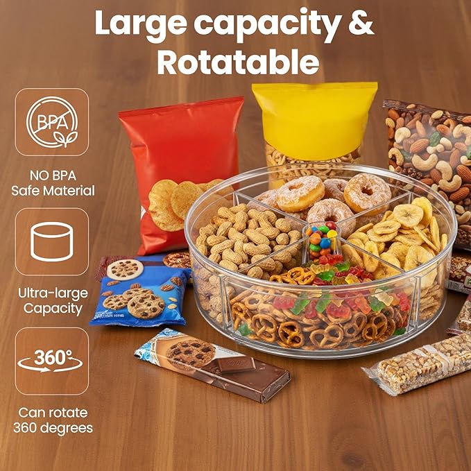 9.8" Lazy Susan Turntable Organizer, Clear Acrylic Spinning Shelf with Raised Edge - 360° Rotating for Fridge, Cabinet, Counter - Storage for Spices, Cosmetics, Food (4-Sections)