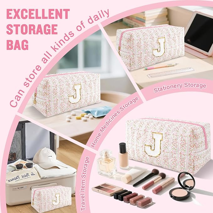 Personalized Quilted Cosmetic Bag, Puffy Monogrammed Christmas Birthday Gifts for Women & Girls, Cute initial Floral Makeup Bag Puffer Coquette Bag, Aesthetic Travel Toiletry Zipper Pouch(Pink,J)