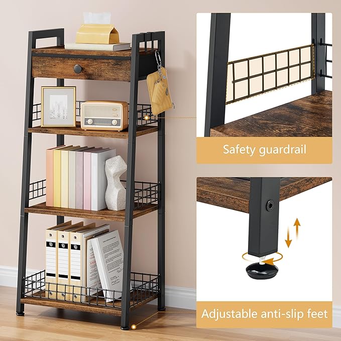 4-Tier Ladder Shelf with Drawer, Bathroom Table Stand for Small Space, Bathroom Standing Shelves with Storage for Living Room Bedroom Kitchen, Organizer Shelf, Rustic Brown