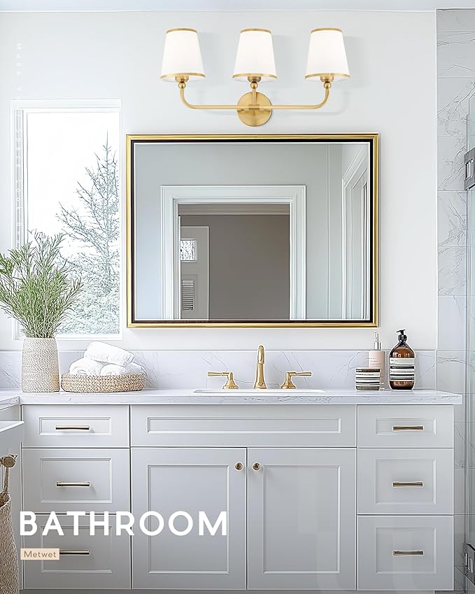 3-Light Bathroom Light Fixtures, Brushed Gold Vanity Lights Over Mirror with White Fabric Shade, Modern Sconces Wall Lighting for Hallway Bedroom, VL837-BG-X-3