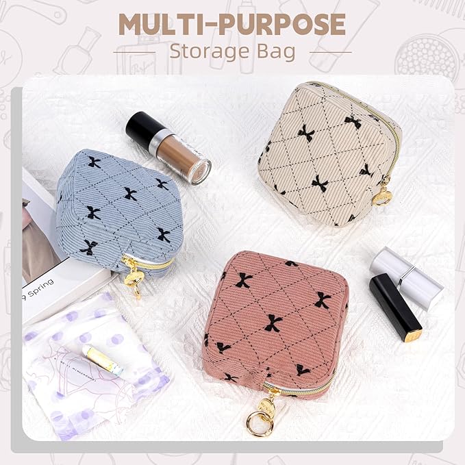 Period Bag for Teen Girls, Corduroy Cute Sanitary Napkin Storage Bag, Menstrual Pad Pouches Tampon Holder for Purse (Beige-Bow Tie)