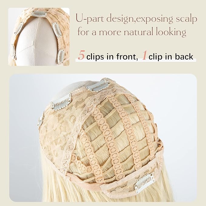 SARLA Clip in U Part Hair Extensions Synthetic Long Wavy Curly Thick Full Head Hairpiece for Women Beach Blonde 24 Inch