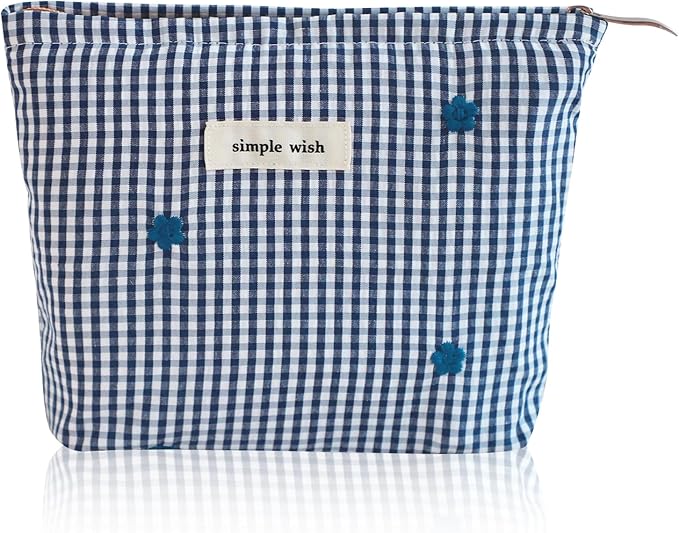 Wudygirl Checkered Makeup Bag Travel Cosmetic Bag for Women Small Makeup Pouch Zipper Cosmetic Pouch Handbag Aesthetic (Navy Checkered)