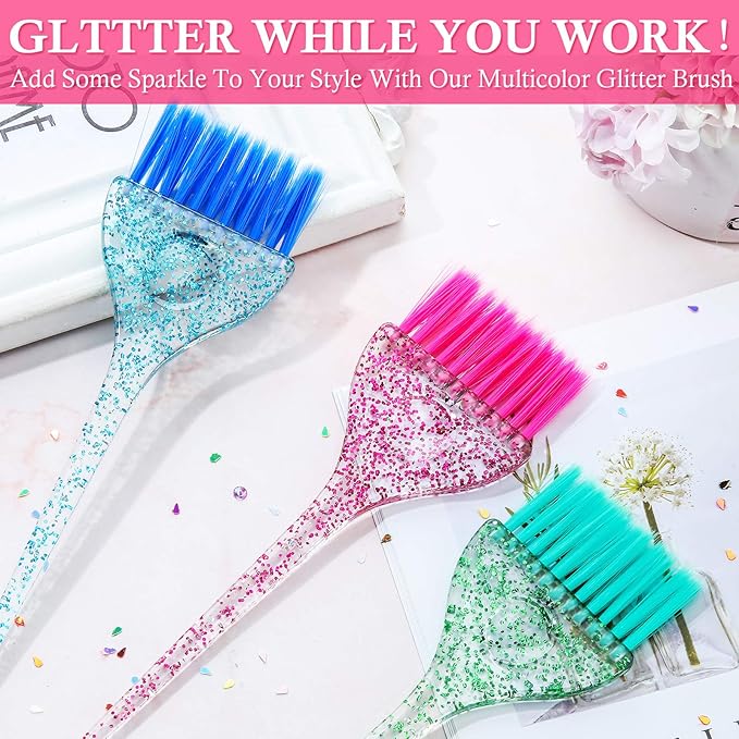 6 Pieces Hair Color Brush Set with Glitter Handles for Highlighting, Tint and Coloring Hair Sections Multicolor Glitter Dye Brush Salon Home Dyeing Coloring DIY, 3 Colors