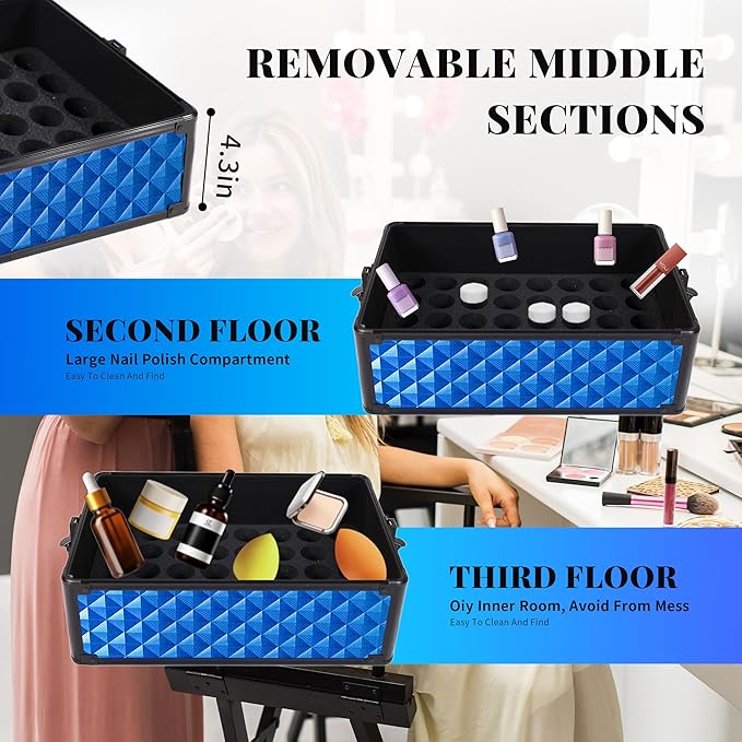 AROUS Rolling Makeup Train Case 4 in 1 Cosmetology Case on Wheels Large Storage Cosmetic Trolley with Key Salon Barber Traveling Cart Trunk, Blue