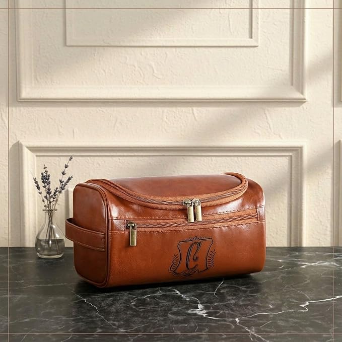 Sadnyy Personalized Leather Toiletry Bag for Men Initial Travel Bag with Hook Monogrammed Toiletry Pouch Leather Travel Bathroom Kit with Side Handle for Him Dad Husband Anniversary Birthday Gifts(C)