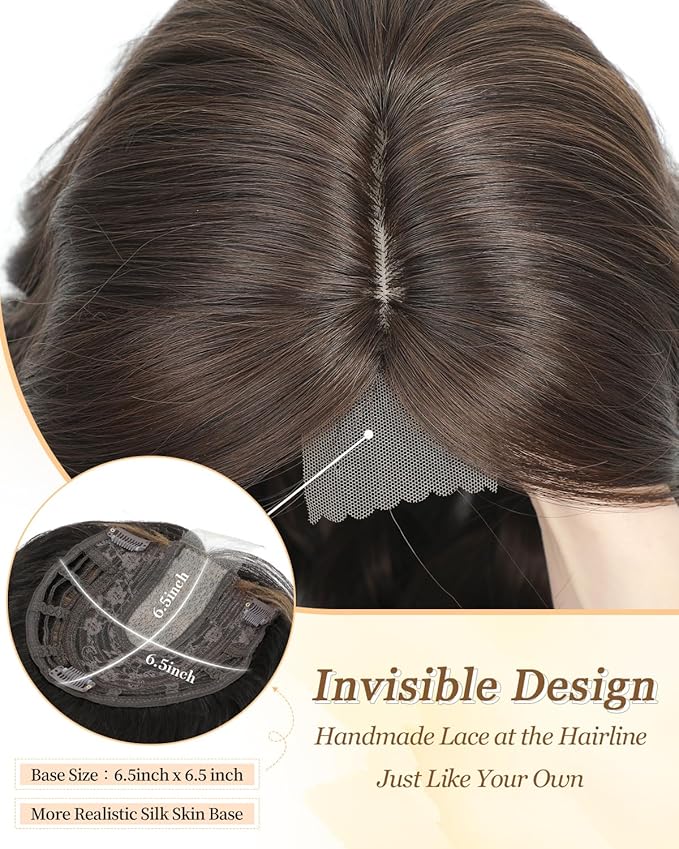 PANEWAY Hair Topper 16 Inch, Wavy Curly Soft Brown Clip-in Wiglet for Women, Synthetic Top Piece to Add Volume & Thickness