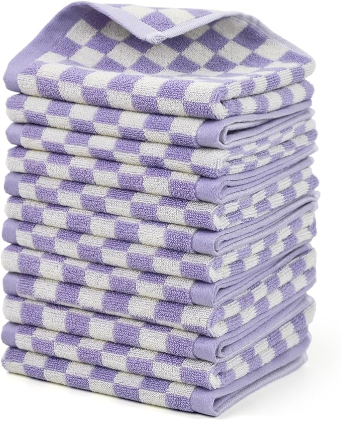 Jacquotha Cotton Washcloth 12 Pack (Lilac Checkered), Soft Absorbent Washcloths Facecloth, Cotton Face Towels Set for Body Showering 13x13 Inches, Gifts