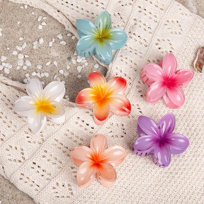 6 Pack Hawaiian Flower Hair Claw Clips for Women, Hibiscus Floral Claw Clips for Thick or Thin Hair, Cute Summer Accessories