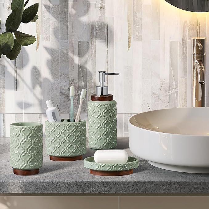 Elegant Bathroom Accessories Set 4 PCS Ceramic and Wood Bathroom Accessory Set Soap Dispenser Toothbrush Holder Tumbler Soap Dish Easy to Clean Quatrefoil Pattern Green