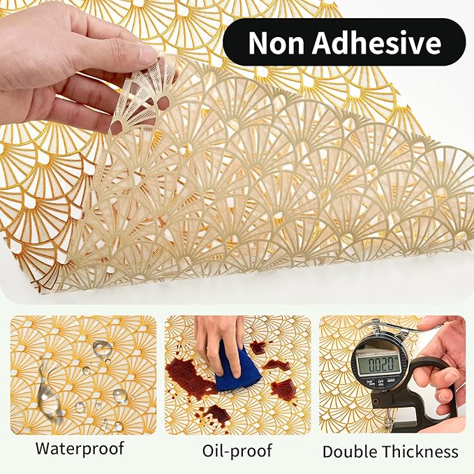 Shelf and Drawer Liner for Kitchen Cabinet,Non-Adhesive Waterproof Oil-Proof Easy Clean Shelf Liner for Dresser & Bathroom Vanities with Adhesive Dots & Cutting Tool(12 in X 20 Ft Gold Fish Scale)