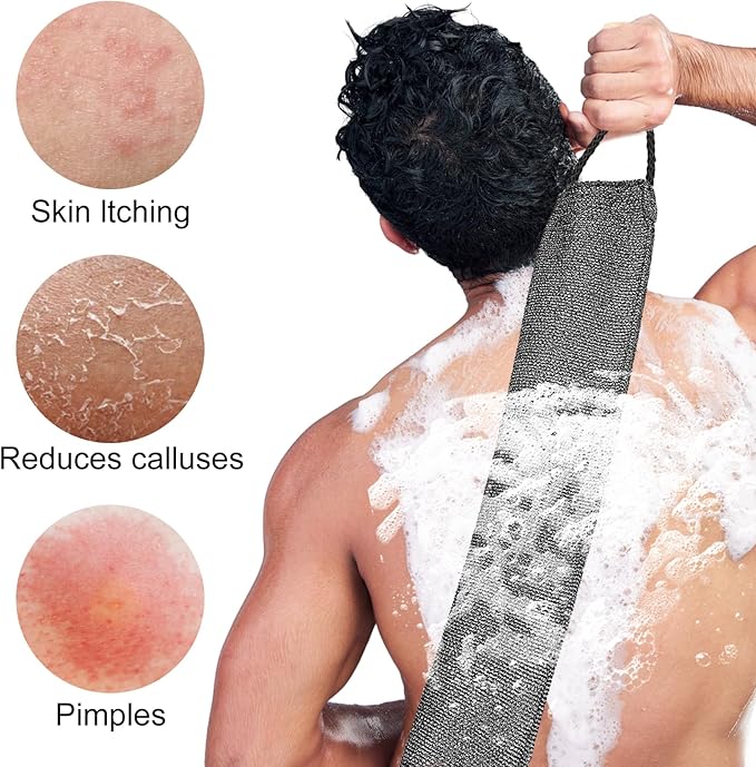 2pcs Exfoliating Back Scrubber Nylon Shower Bath Exfoliator Extended Length Body Scrub Towel Stretchable Pull Korean Washcloth Strap with Handles(Blue + Gray)