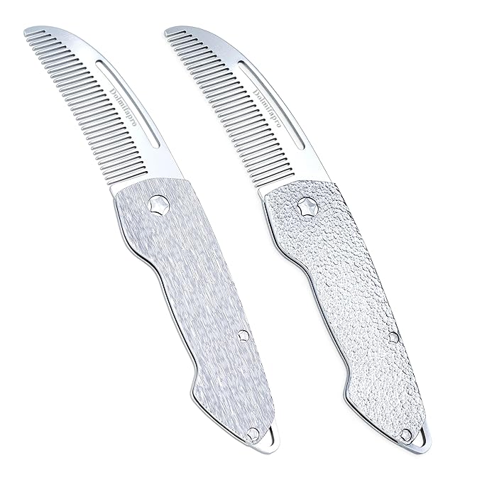 2PCs Folding Mustache Comb, Metal Beard Comb for men Pocket Mini Portable Fits In Keychain Anti-Static