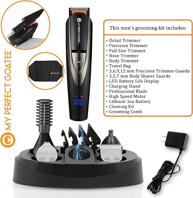 My Perfect Goatee®️ 13-in-1 Mens Grooming Kit - LED Display Beard Trimming Kit with Travel Bag, Charging Stand, & More - Waterproof, Cordless Electric Trimmer for Nose, Body, & More – Ideal Gift Set