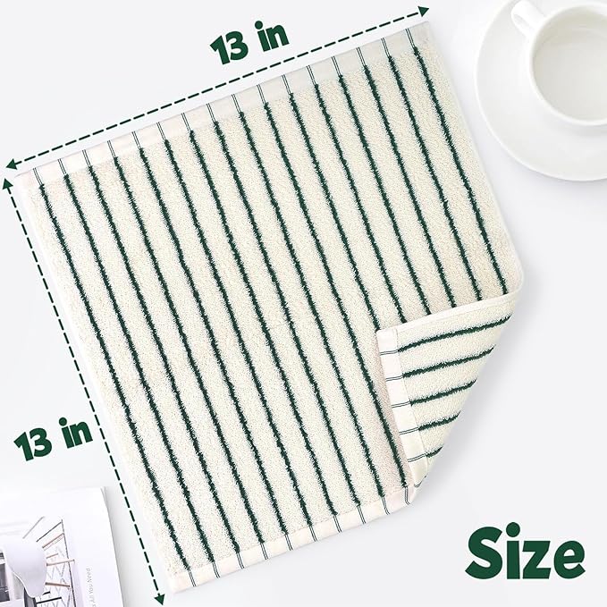 Jacquotha Striped Cotton Washcloths 4 Pack, 13” x 13” - Soft Wash Cloths for Bathroom, Kitchen, Gym, Face, Green and Cream