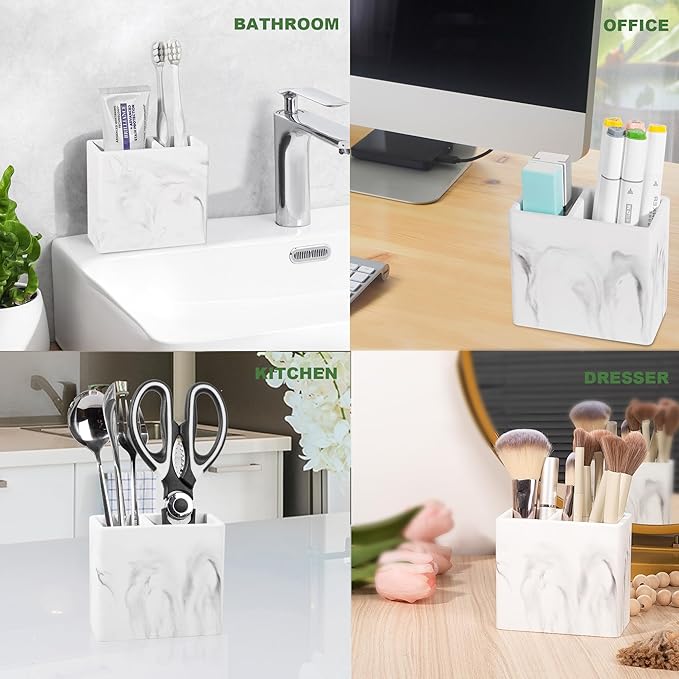 Diatomite Toothbrush Holder 2 Slots Tooth Brush Holder for Bathroom, Kids Electric Toothbrush and Toothpaste Organizer for Countertop, Shower, Vanity, Marble White