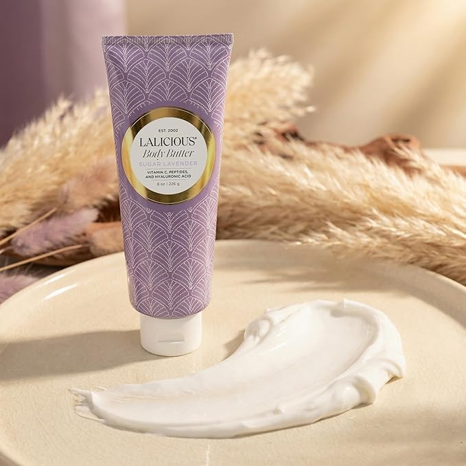 LaLicious Sugar Lavender Body Butter - Hydrating Body & Skin Moisturizing Cream with Whipped Shea Butter, Vitamin E, Cucumber Extract & Apricot Oil - No Parabens (8oz)