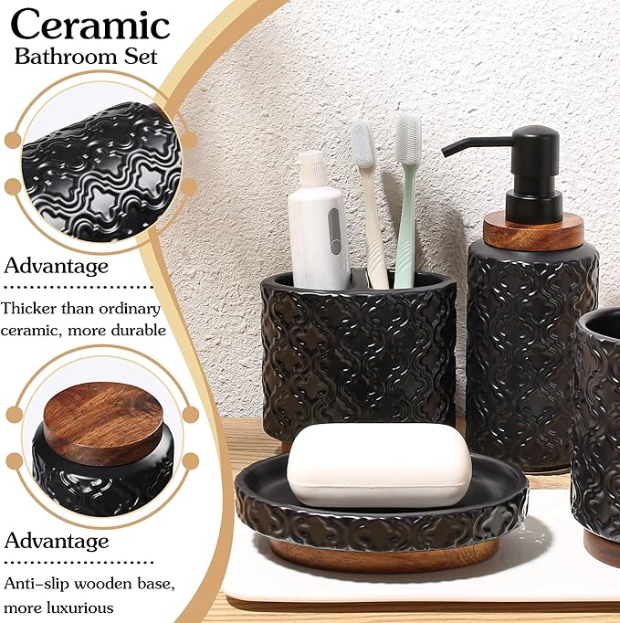 Elegant Bathroom Accessories Set 4 PCS Ceramic and Wood Bathroom Accessory Set Soap Dispenser Toothbrush Holder Tumbler Soap Dish Easy to Clean Quatrefoil Pattern Black
