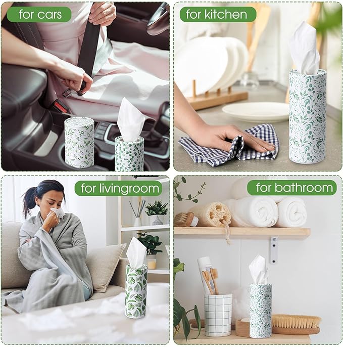 Outus 12 Pcs Eucalyptus Leaves Car Tissues Cylinder Holder with 3 Ply Facial Tissue Bulk Round Tissue Holder Travel Tissues Boxes Container for Car Cup Wedding Birthday Party