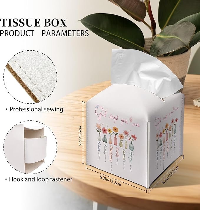 Grace Yonks Cute Tissue Box Cover Square - “God Says You are” Bible-Inspired Floral Design 5.2" PU Leather Holder for Vanity, Desk, or Bathroom Counter - Cube Case for Facial Tissues(020)