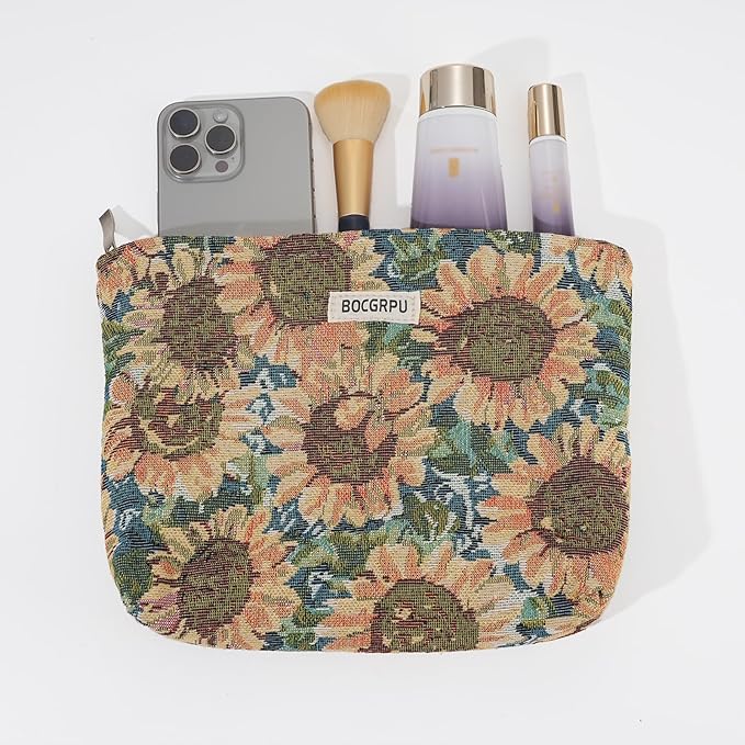 2 PCS Makeup Bag Set，Portable Cosmetic Bag for Purse ，Large Storage Capacity Toiletry Bag Make up Organizer，Travel Pouch with Zipper for Women, (Sunflower Oil Painting)