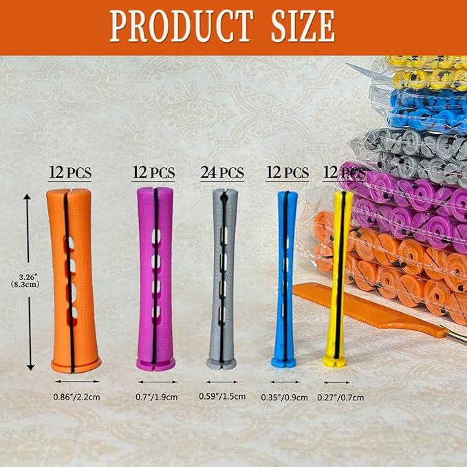 72pcs Perm Rods Set for Natural Hair - Plastic Cold Wave Rods Hair Rollers Curling Rod for Women DIY Hairdressing Tools（Orange+Purple+Gray+Blue+Yellow）