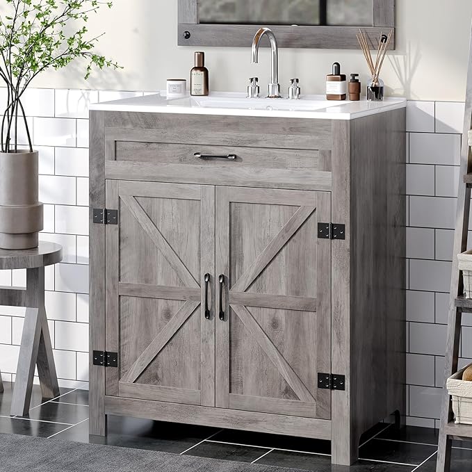 VINGLI 30" Farmhouse Bathroom Vanity with Sink, Undermount Vanity Sink Cabinet with Barn Door &Shelf,Free Standing Small Bathroom Storage Cabinet with 3 Holes Ceramic Basin Combo Set,Washed Gray