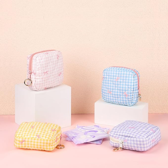 Period Bag for Teen Girls, Quilted Sanitary Napkin Storage Bag, Cute Bow Tie Menstrual Pad Pouch Tampon Holder (Plaid Pink)