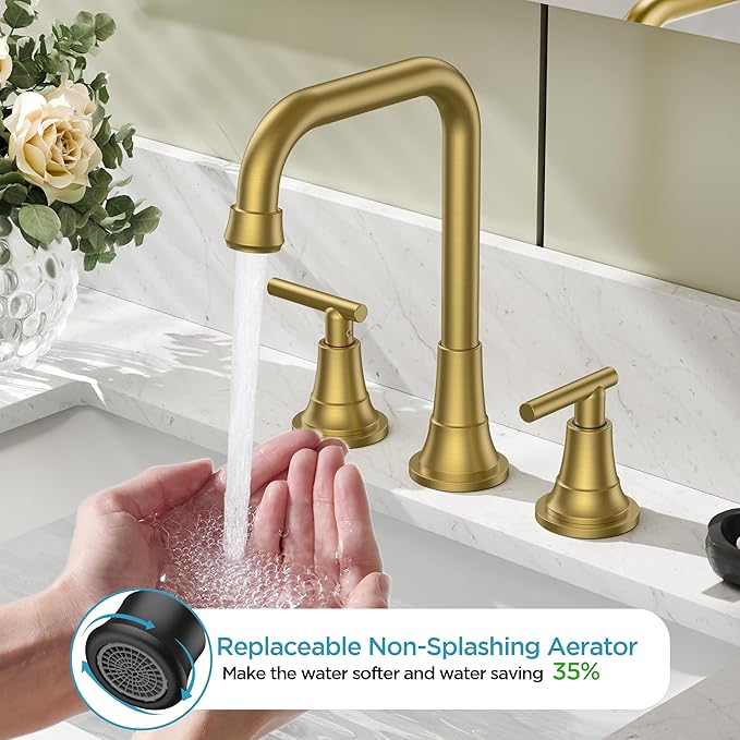 FORIOUS 3 Hole 8 Inch Widespread Bathroom Faucet in Brushed Gold - 2 Handle Bathroom Sink Faucets with Pop Up Drain Assembly and 2 Water Supply Lines for RV Bath Vanity Farmhouse, 360°Swivel Spout