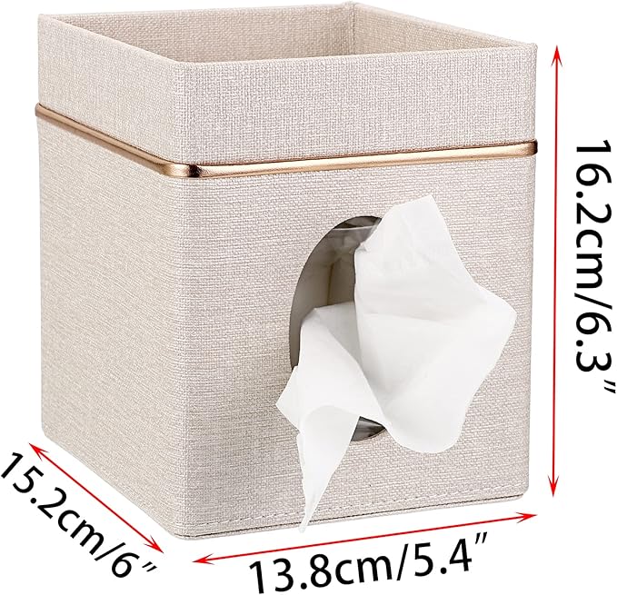 Sumnacon Linen Square Tissue Box Cover - Decorative Cube Tissue Box Holder with Tray, Stylish Tissue Box for Bathroom Toilet Tank Vanity Dresser Table Office Bar Restaurant, Beige