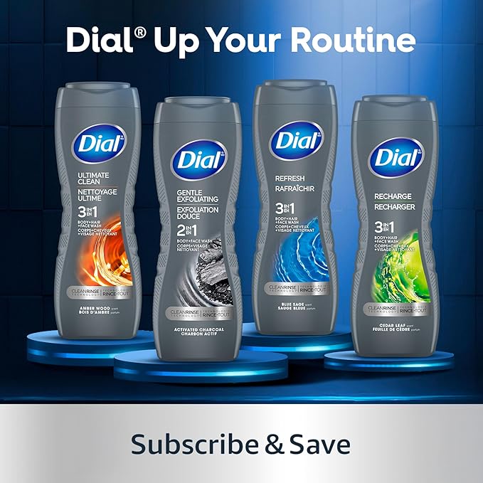 Dial Men 2 in 1 Body and Face Wash, Activated Charcoal, 16 Fl Oz, Pack of 4, Gentle Exfoliating Body Wash with Clean Rinse Technology