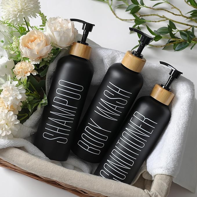 HOMCDALY 16oz 3-Pack Refillable Black Bathroom Shower Set - Empty Bottles with Pump for Shampoo, Conditioner, or Body Wash