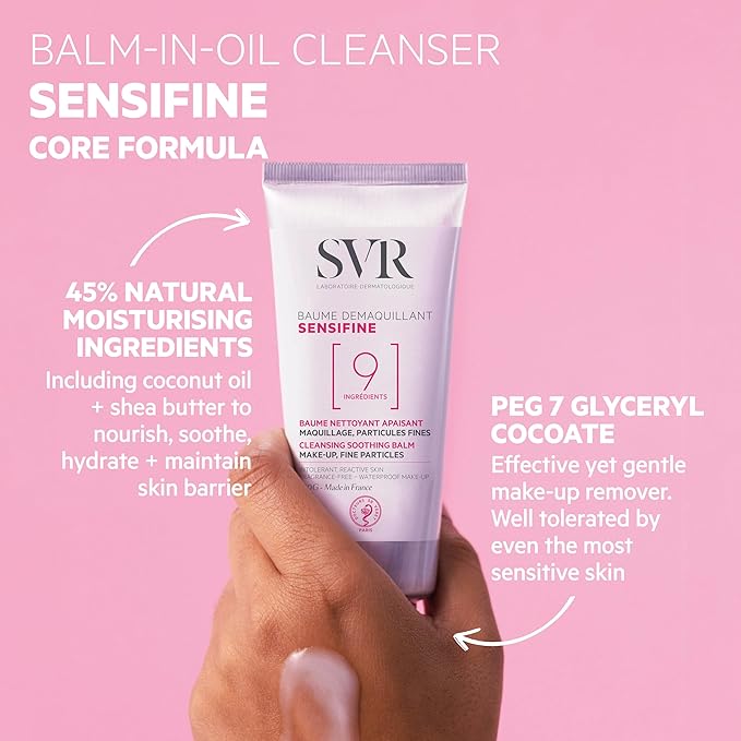 SVR Sensifine Cleansing Balm with Shea Butter & Coconut Oil. Soothing Balm-to-Oil Face Cleanser & Makeup Remover, Even Waterproof. For Sensitive Reactive Skin. Minimalist Formula, 3.5 fl.oz.