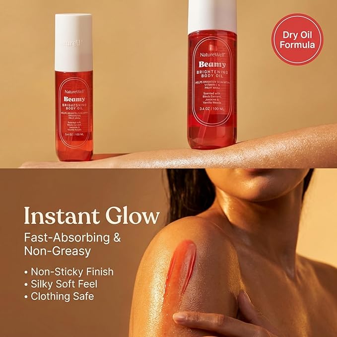 NATURE WELL Beamy Brightening Body Oil, Fast-Absorbing Formula Designed Hydrate, Smooth & Visible Brighten Skin, Scented with Black Currant, Jasmine, and Vanilla Woods, 3.4 Oz