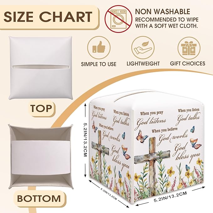 Christian Decorative Tissue Box Cover Square, Floral Napkin Tissue Box Holder, Religious Faith Gift Ideas for Family Friends, Home Kitchen Dining Table Decor-(5.2 Inches) A01
