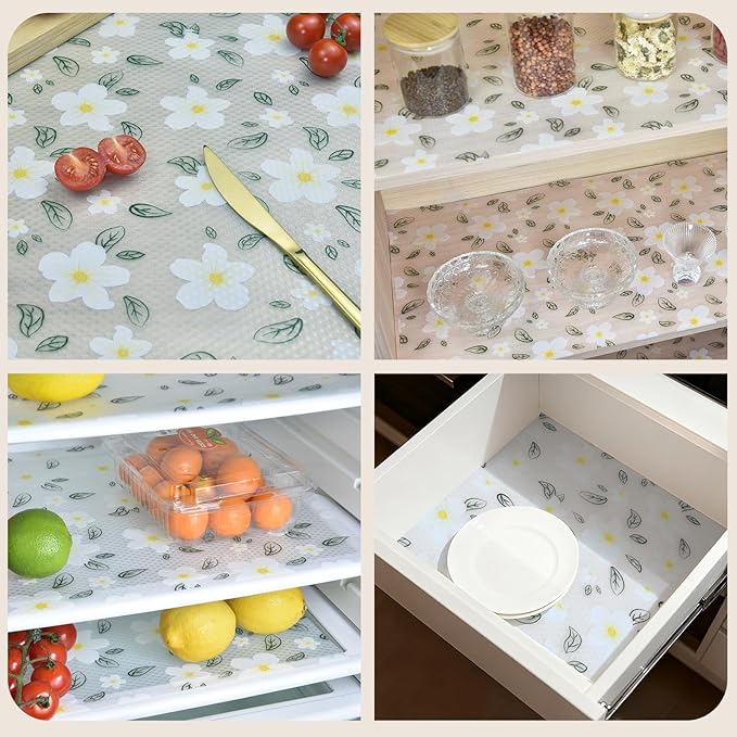 Drawer and Shelf Liner for Kitchen Cabinet,Non-Adhesive EVA Waterproof Drawer Liner for Dresser & Bathroom Vanities with Cutting Tool(12 in X 30 Ft White Cherry Blossom)