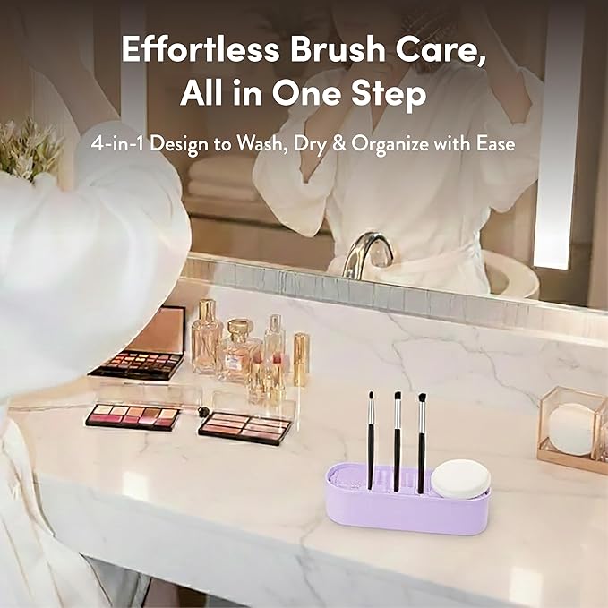 ÉCLAT Makeup Brush Cleaner Mat, 3 in 1 Brush Cleaner Bowl Holder & Cosmetic Tool Organizer Case for Travel, Storage & Air Drying, Portable Make Up Cleaning Tool for Sponges & Powder Puffs (Purple)