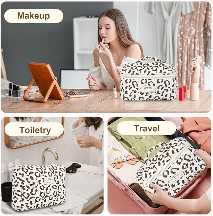 3Pcs Makeup Bag Cotton Quilted Travel Cosmetic Bag Cute Floral Makeup Pouch Large Toiletry Bag for Women Girls