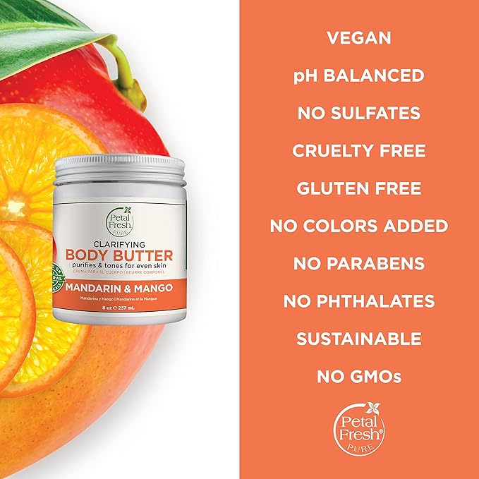 Petal Fresh Pure Clarifying Mandarin & Mango Body Butter, Organic Coconut Oil, Argan Oil, Shea Butter, Purifying and Toning, For All Skin Tupes, Natural Ingredients, Vegan and Cruelty Free, 8 oz