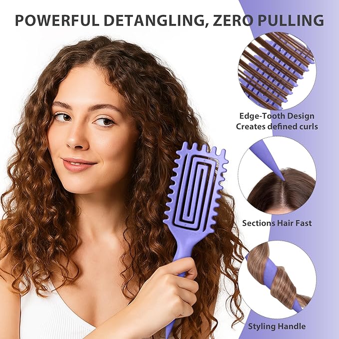 Curly Hair Brush, Curl Defining Brush for Women and Men, Effortless Detangling and Shaping for Curls, Waves and Coils, Reduces Pulling, Smooth Results (Purple)