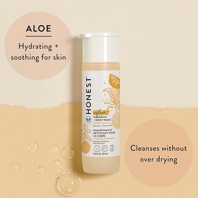 The Honest Company 2-in-1 Cleansing Shampoo Body Wash Gentle for Baby Naturally Derived, Tear-free, Hypoallergenic, Citrus Vanilla Refresh, 18 fl oz