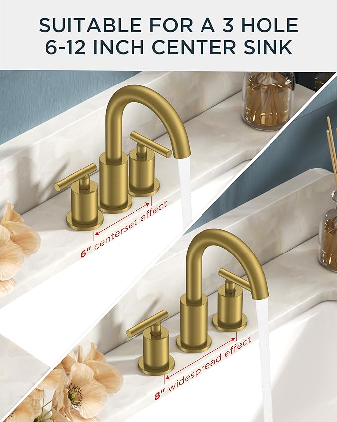 FORIOUS Brushed Gold Bathroom Faucet 3 Hole, 2 Handle 8 Inch Widespread Gold Sink Faucet Bathroom Vanity with 360 Degree Swivel Spout, with Pop Up Drain and cUPC Supply Line, for 6 to 12 in Sink
