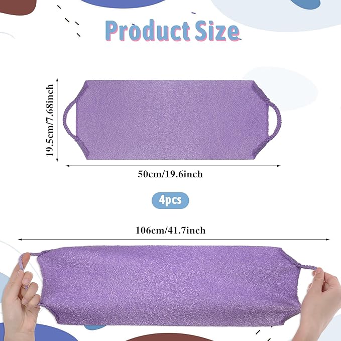 4pcs Exfoliating Back Washers Scrub with Handles Japanese Body Scrubber Cloth Towel for Shower Nylon Back Exfoliator Extended Back Washers Stretchable Body Bath Pull Strap for Cleans Skin Massages