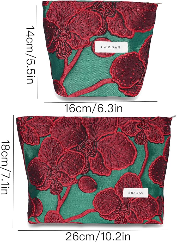 2 Pcs Makeup Bags for Purse, Large Cute Cosmetic Bag Travel Toiletry Bag Organizer for Women, Embroidery Craft Floral Makeup Bag Small Cosmetic Pouch Purse with Zipper (Elegant Red Flower)