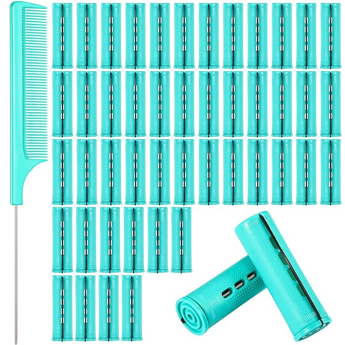48 Pieces Cold Wave Plastic Curlers with Pintail Comb and Steel Rat Tail Comb for Hairdressing Styling (Green, 0.98 Inch/ 2.5 cm)
